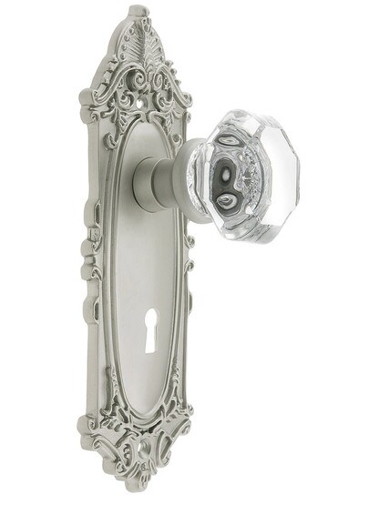 Largo Design Mortise Lock Set With Waldorf Crystal Knobs in Satin Nickel.